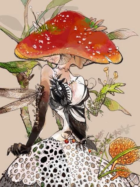 Fungi Character Design, Mushroom Lady Art, Mushroom Hat Drawing, Mushroom Lady Tattoo, Mushroom Fae, Lady Mushroom, Mushroom Woman, Mushroom Fashion, Fae Creatures