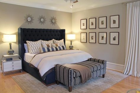 Blue Bedroom Ideas For Couples, Navy Blue Headboard, Navy Headboard, Tufted Headboard Bedroom, Neutral Bedroom Design, Blue Headboard, Storage Inspiration, Bedroom Images, Woman Bedroom