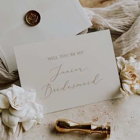 Delicate Gold and Cream Junior Bridesmaid Proposal Invitation Junior Bridesmaid Proposal, Summer Calligraphy, Yellow Typography, Matron Of Honor Proposal, Romantic Minimalist, Summer Invitation, Matron Of Honor, Gold Bridesmaids, Be My Bridesmaid Cards