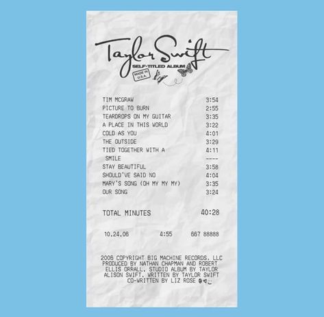 Debut Tracklist Taylor Swift, Taylor Swift Debut Receipt, Taylor Swift Debut Tracklist, Spotify Wallpapers, Album Receipts, Widget Themes, Album Receipt, Taylor Swift Debut Album, Taylor Swift Debut