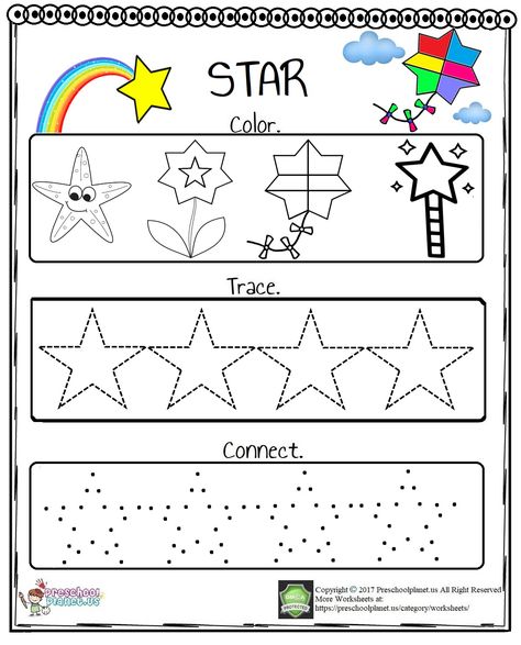 Star Worksheet   Twinkle twinkle little star, how I wonder what you are? Let’s practice star shape with kids. We prepared funny star worksheet for preschool, kindergarten and firs graders. This worksheet has three parts.They will color, trace and connect the dots. Kids will easily recognize and practice star shape with this star worksheet. You can freely download and print for your students or kids. This star worksheet is in pdf format. Star Tracing Worksheet, Star Shape Crafts Preschool, Star Shape Worksheet, Star Craft For Preschool, Writing Ideas For Preschool, Star Shape Worksheets For Preschool, Star Activity Preschool, Star Preschool Activities, Star Worksheet Preschool