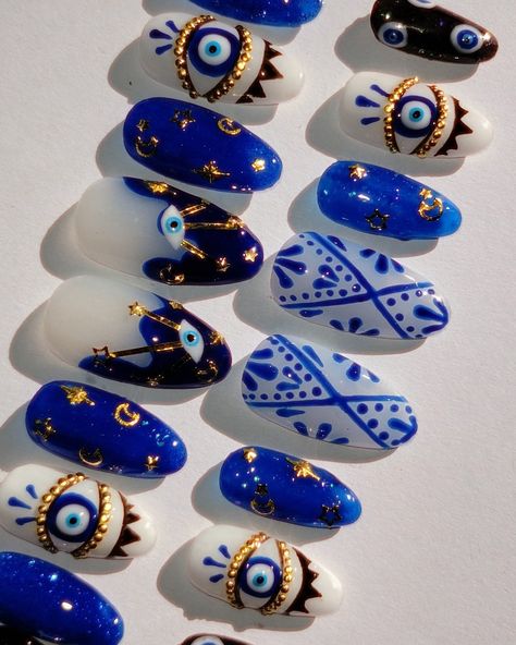 Evil Eye Set  No sizing needed - 20 piece sets Comes Pre-Etched and with a Prep-Kit Evil Eye Nails Long, Nail Ideas Evil Eye, Nail Art One Piece, Shark Nails, Nail Deaigns, Evil Eye Nail Art, Bald Beauty, Evil Eye Nails, Eye Nail Art