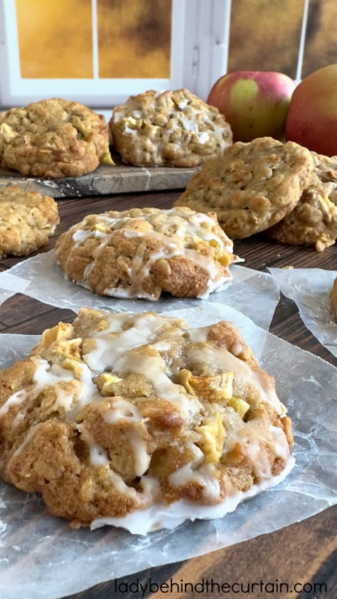 Soft Apple Oatmeal Cookies Apple Filled Oatmeal Cookies, Soft Apple Cookies, Apple Oat Cookies, Oatmeal Apple Cookies, Maple Flavoring, Oatmeal Sandwich Cookies, Sourdough Cookies, Apple Cookies Recipes, Spiced Applesauce