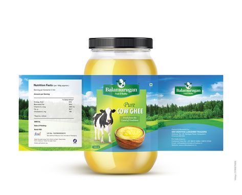 Ghee packaging design on Behance Ghee Jar Label Design, Ghee Packaging Design Creative, Desi Ghee Packaging Design, Cow Ghee Packaging Design, Ghee Label Design, Farm Packaging Design, Ghee Packaging Design, Dairy Products Packaging Design, Food Logos