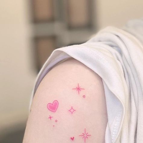 Small Pink Tattoo Ideas, Pink Fine Line Tattoo, Kirby Star Tattoo, Pink Sparkle Tattoo, Small Valentines Tattoo, Pink Line Tattoo, Cute Pink Tattoos, Pink Star Tattoo, Pink Heart Tattoo