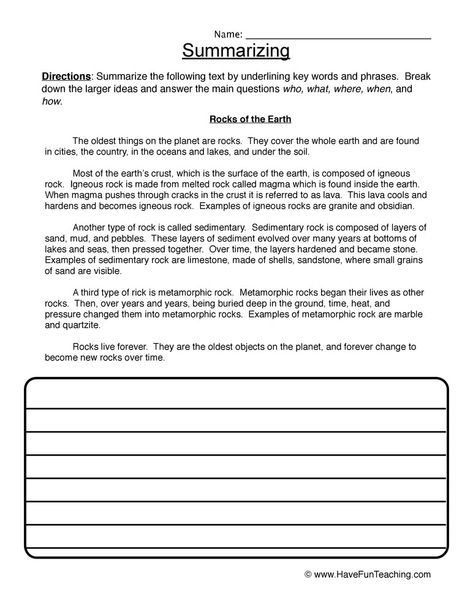 Teaching Summarizing, Summarizing Worksheet, Main Idea Worksheet, 5th Grade Worksheets, Earth Layers, Summary Writing, Have Fun Teaching, 1st Grade Worksheets, School Worksheets