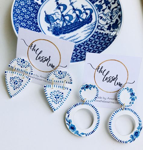 Blue China collection- polymer clay earrings by The Lesser Me Indie 2020, China Collection, Clay Rings, Rings Diy, Polymer Clay Ornaments, Porcelain Earrings, Earrings Polymer, Polymer Earrings, Polymer Clay Canes