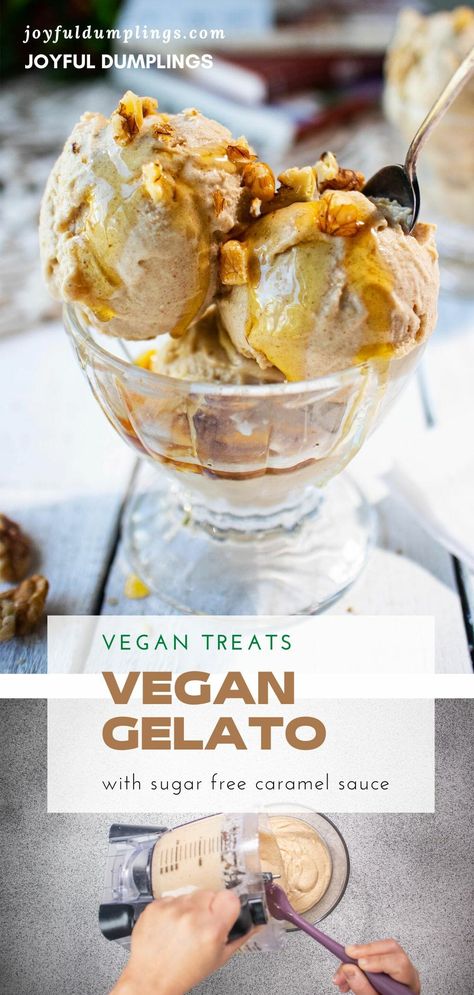 Vegan Gelato With Date Caramel Vegan Gelato Recipe, Creme Brulee Ice Cream, Vegan Frozen Dessert, Salted Caramel Gelato, Dumplings Recipes, Vegan Gelato, Sugar Free Caramel, Vegan Nice Cream, Ice Creamery