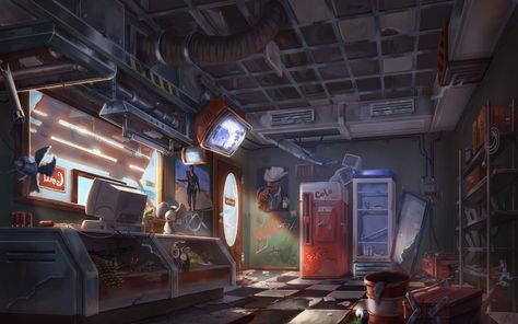 ArtStation - Gas station interior Gas Station Interior, Fallout 4 Settlement Ideas, Pink Floyd Music, Fantasy Art Couples, Furniture Design Sketches, Prop Design, General Store, Gas Station, Abandoned Places