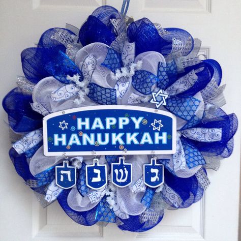 Happy Hanukkah  Deco Mesh Blue and White by whatameshbydiana Hanukkah Lights, Wreaths St Patricks, Easter Mesh Wreaths, Jewish Crafts, Hanukkah Crafts, Lighted Wreaths, Hanukkah Decorations, Easter Bunny Wreath, Bunny Wreath