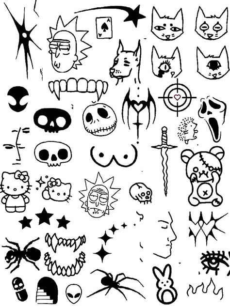 Easy Tattoos With Meaning, Simple Marker Tattoos, Mini Graffiti Drawings, Grunge Doodle Tattoos, Marker Tattoos Easy, Small Graffiti Tattoo, Finger Tattoos Stencils, Small Trippy Doodles, Trippy Tattoo Flash Sheet