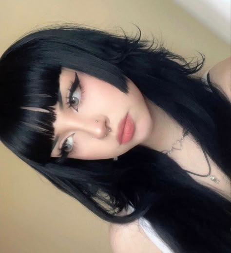 Triangle Bangs Goth, Long Alt Hair, Alt Haircuts Long, Romantic Goth Hairstyles, Alt Bangs, Haircut Inspired, Hairstyle Black Hair, Egirl Hair, Character Themes