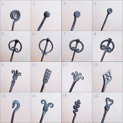 Hair pin designs by Astalo on DeviantArt Blacksmith Jewelry, Celtic Hair, Welding Ideas, Norse Jewelry, Blacksmith Projects, Wire Jewelry Making, Metalsmithing Jewelry, Viking Art, Costume Diy