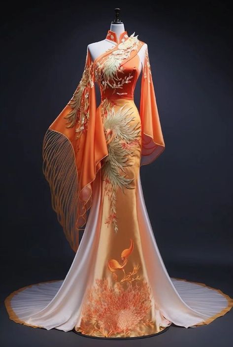 Orange Dress Drawing, Chinese Inspired Dress, Phoenix Wedding Dress, Magical Dress, Chinese Style Dress, Dress Design Drawing, Style 2023, Dress Design Sketches, Fantasy Gowns