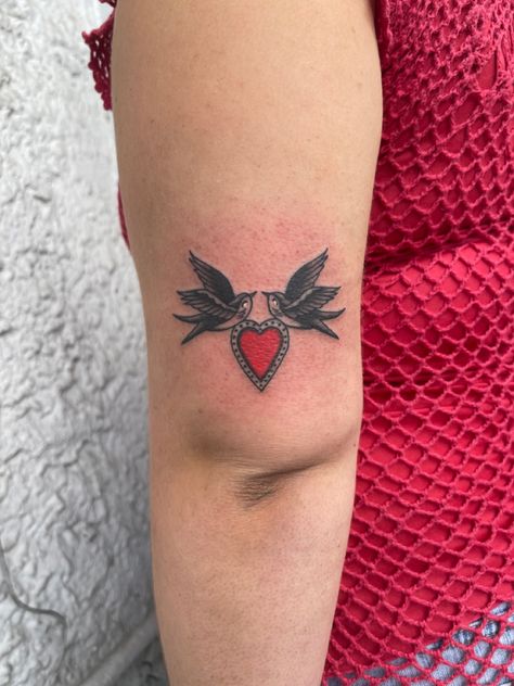 American Traditional For Women, American Trad Bird Tattoo, Heart Arrow Tattoo Traditional, American Traditional Script Tattoo, Swallow Heart Tattoo, American Traditional Wings Tattoo, American Traditional Behind Ear Tattoo, American Traditional Wedding Tattoo, American Traditional Valentines Flash