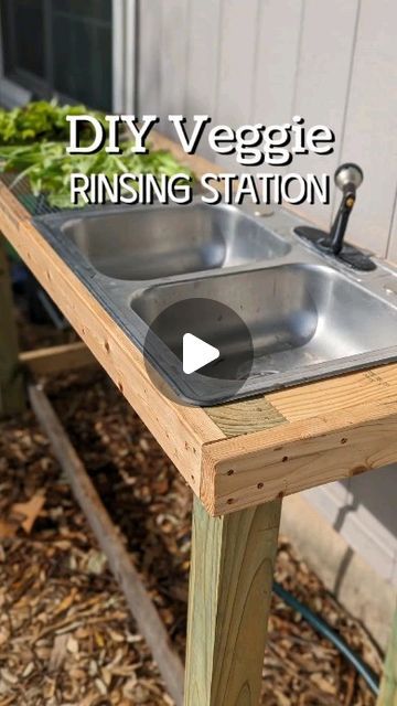 121K views · 10K likes | Vanessa Minton on Instagram: "How we made this DIY Veggie Rinsing Station!  . Wood purchased: 3-2"x4"s 8 feet long  3-4x4"s 8 ft long  1-2"X3" 8 ft long  Other supplies:  About 30 - 3" wood screws  Chop saw Drill  Hardware cloth  Staple gun  Sink  . We cut the 4"x4"s to 40 inches tall each. Then made a frame to hold the sink and support the hardware cloth.  The frame was made based on the width of the sink with just enough space to allow the base of the sink to fit snug inside of it.  We attached the frame to the 4"x4"s using 3" wood screws then added supports throughout using the remaining 2"x4"s.  My friend had an extra 2"x3" and added it across the full length of the bottom of the table to help with stability.  We sealed the wood with Thompson's Water seal and a Diy Outdoor Garden Sink, Garden Table With Sink, Outdoor Sink From Water Hose, Watering Station For Garden, Outdoor Vegetable Washing Station, Veggie Wash Station, Diy Sink Stand, Outdoor Kitchen Sink Ideas Diy, Diy Vegetable Washing Station