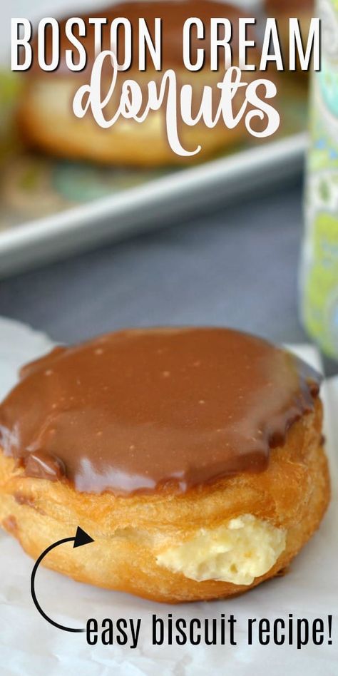 Easy, fried Boston Cream Donuts in under 30 minutes! Made using Pillsbury Grands biscuits and filled with a creamy pudding mixture, these are sure to tempt you! Don't forget the rich chocolate ganache! Grand Biscuit Recipes, Pillsbury Biscuit Recipes, Grands Biscuits, Boston Cream Donut, Cream Filled Donuts, Doughnut Recipe Easy, Pillsbury Grands, Easy Donut Recipe, Pillsbury Biscuits