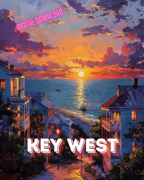 Key West Florida - Vibrant Oil Painting Style Digital Wall Art 🌴🏝️ Description: Bring the tropical beauty of Key West, Florida into your home with this stunning oil painting-style digital wall art. This vibrant artwork captures the essence of the sunny paradise, perfect for beach lovers and anyone who cherishes the laid-back island life. 🏖️☀️ 1 high-resolution image of Key West, Florida in an artistic oil painting style. Format: PDF 📄 Resolution: 300 DPI (ideal for high-quality prints) Sizes Key West Landscaping, Florida Oil Painting, Key West Photos, Florida Vibes, Island Wall Art, Painting Tropical, Tropical Beauty, Florida City, Beach House Art