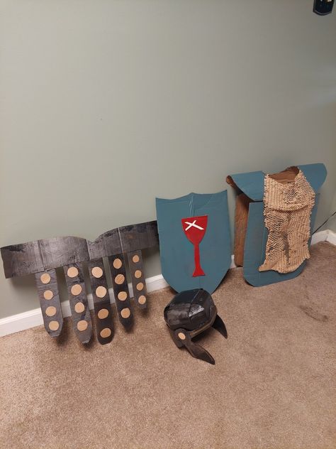 Armor Of God Template, Armor Of God Trunk Or Treat Ideas, How To Make Armor Of God Costume, Armor Of God Costume Diy, Diy Armor Of God, Armor Of God Costume, Diy Cardboard Knight Armor, Cardboard Gladiator Costume, Cardboard Shoulder Armor