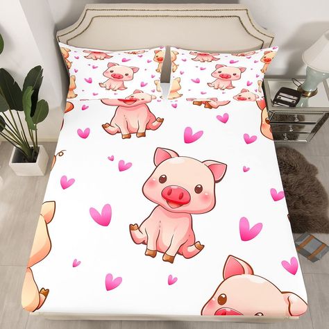 Kids Pig Bed Sheet Set Lovely Animals Pattern Decor Bed Sheets for Boys Girls Smily Square Faced Little Pigs Bedding Set Cute Hearts Print Fitted Sheet with 2 Pillowcases 3Pcs Bedding Full Boys Comforter Sets, Construction Bedding, Kids Beds For Boys, Mermaid Bedding, White Bedspreads, Microfiber Bed Sheets, Cute Hearts, Hearts Print, Animals Pattern