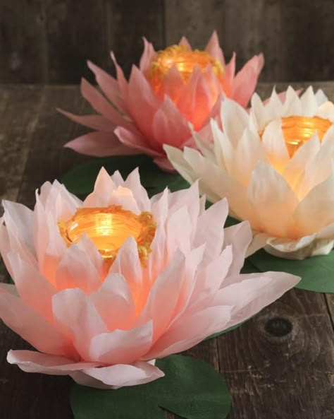 Tutorial - Glowing Crepe Paper Waterlily Luminaries – Smile Mercantile Craft Co. Thai Party, Luminary Diy, Floral Shops, Tiana Birthday Party, Japanese Party, Disney Princess Wedding, Asian Party, Diy Flores, Fleurs Diy