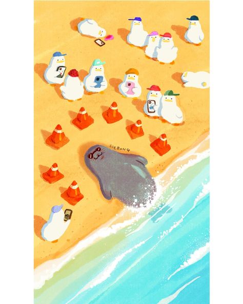 Sleeping beauty. (I saw a sleeping seal at Waikiki beach.🌴) #ssebong #쎄봉 | Instagram Book Illustration Layout, Beach Illustration, Art Basics, 카드 디자인, Waikiki Beach, Graphic Design Lessons, Scene Design, Character Design Animation, Cute Little Drawings