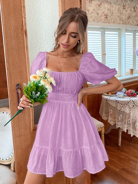 Lilac Purple Cute  Short Sleeve Polyester Plain A Line Embellished Non-Stretch Summer Women Dresses Vestido Shein, School Dance Dresses, Shein Brasil, Flounce Hem Dress, Shein Dress, Flounced Dress, Lilac Dress, Hoco Dresses, Dress For Short Women