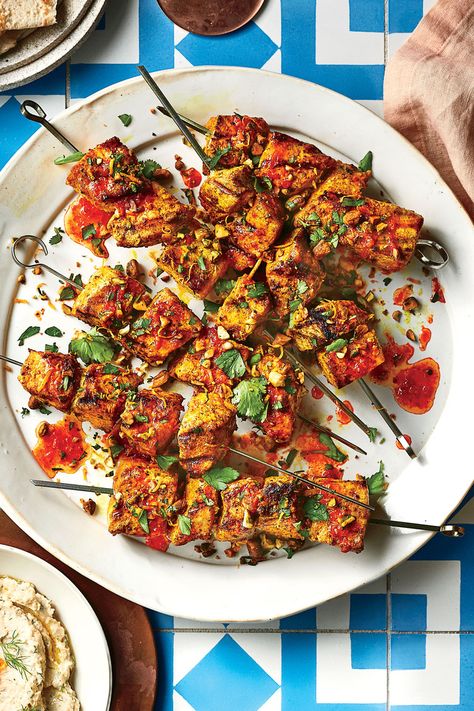 Turmeric-Marinated Swordfish Skewers with Harissa and Pistachios Swordfish Skewers, Small Plates Menu, Summer Appetizers Easy, Kitchen Aid Recipes, Meatless Main Dishes, Healthiest Seafood, Summer Appetizer, Entree Recipes, Mediterranean Style