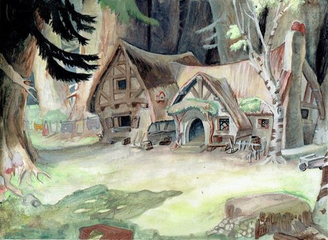 A Study Of The 7 Dwarves Cottage From Snow White, Tannie Duong Snow White Book, Snow White Cottage, Bird Brain, Animation Disney, Snow White Disney, Sette Nani, Disney Background, Walt Disney Animation, Walt Disney Animation Studios