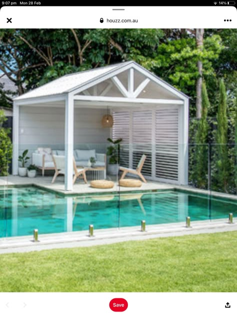 Hampton Style Pergola, Small Pool Gazebo, Pool Gazebo Ideas Cabanas, Modern Pool Gazebo, Hamptons Pool Cabana, Small Pool Cabana, Hamptons Style Pool, Spa Gazebo, Manly House