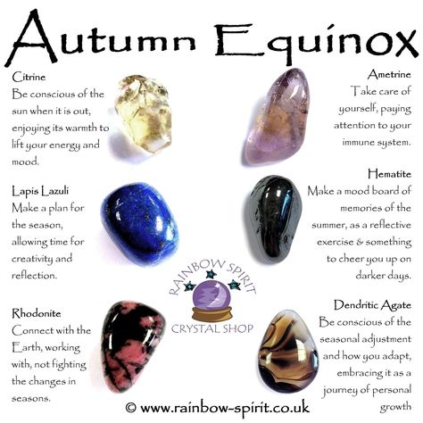 * Crystals for Mabon/Autumn Equinox - Dendritic Agate, Ametrine, Lapis Lazuli, Rhodonite, Citrine, Hematite Mabon Crystal Grid, Autumn Equinox Spells, Crystals For Mabon, Mabon Crystal, Mabon Crystals, Pagan Celebrations, Pagan Sabbats, Pagan Holidays, Autumnal Equinox