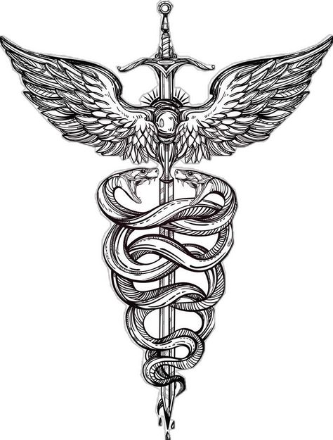 Medical Sign Tattoo, Caduceus Tattoo Men, Cadeusus Tattoo Design, Medicine Tattoo Ideas, Medicine Tattoo, Doctor Sign, Hermes Tattoo, Caduceus Tattoo, Medical Tattoo