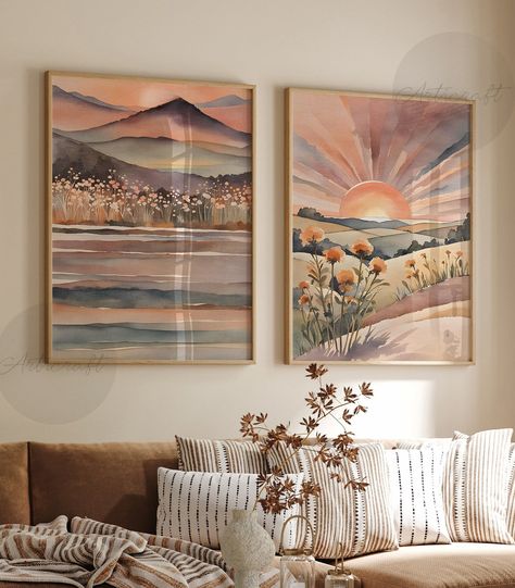 Printable Wildflowers Sunrise Set of 2, Boho Sunset Landscape Print, Orange & Mauve Watercolor Wall Art Decor, Mountain Lake, Retro Sunset Home Decor, Watercolor Bedroom Art, Sunset Inspired Living Room, Mountain Boho Decor, Midwestern Decor, Boho Wall Painting, Mountain Chic Decor, Sun Decorations, Cozy Wall Decor