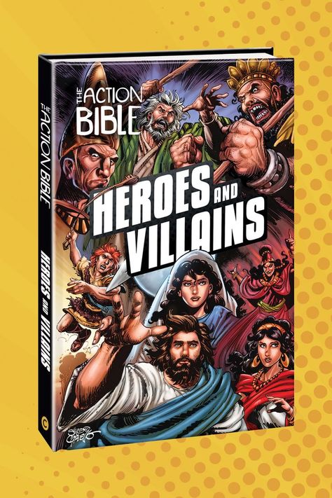 This is an image of The Action Bible Heroes and Villains book cover. Action Bible, Bible Heroes, Heroes And Villains, Bible Characters, Bible Study, Comic Book Cover, Bible