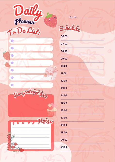 cute pink strawberry digital daily planner Simple Daily Planner, Daily Planner Sheets, Digital Daily Planner, Strawberry Delight, Undated Weekly Planner, Study Schedule, Planner Sheets, Daily Planner Pages, Organized Life