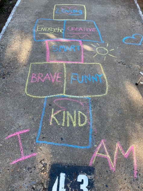 Sidewalk Chalk Affirmations, Affirmation Hopscotch, Chalk Hopscotch Ideas, Hopscotch Ideas, Chalk Quotes, School Library Book Displays, Hopscotch Game, Chalk Activities, Chalk Designs