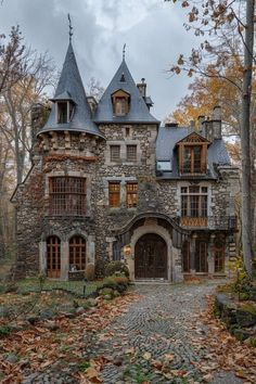 Mansion In The Woods Interior, House With Castle Tower, Homes That Look Like Castles, Old Mansion In The Woods, Cottage Castle Aesthetic, Houses That Look Like Castles, Cottage Style Mansion, Stone Victorian House, Castle Looking Houses