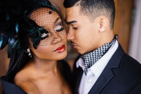 This wedding theme is dope! Interracial Couple Photography, Halloween Bride, Bridal Styled Shoot, Sultry Makeup, Gomez And Morticia, Blind Love, Dark Wedding, Munaluchi Bride, Color Blind