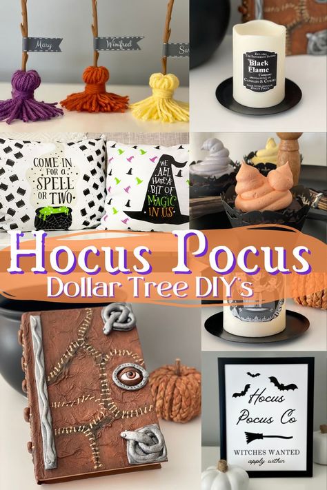 Dollar Tree Dice Crafts Diy Halloween, Diy Hocus Pocus Crafts, Diy Black Flame Candle Hocus Pocus, Dollar Tree Halloween Diy Crafts 2023, Dollar Tree Halloween Candles, Hocus Pocus Christmas Tree, Hocus Pocus Halloween Decorations Diy, Dollar Tree Halloween 2023, Diy Hocus Pocus Decorations