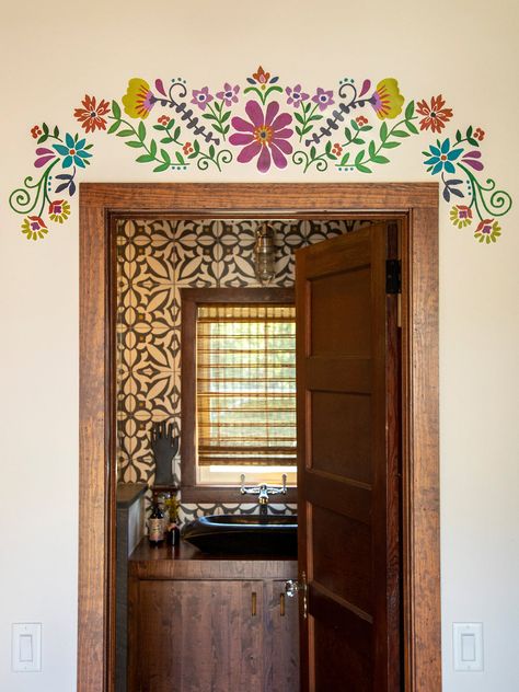 The Bungalow Wall Decal was inspired some incredible hand paintings we saw above doorways during our global travels! They’re so beautiful, we couldn’t wait to make something similar for our homes! This wall decal is bohemian and looks so cute over a doorway, window or mirror! The kit comes with 5 pieces that fit togeth Interior Design Per La Casa, Mexican Home Decor, Mexican Home, Mexican Decor, Painted Walls, Mural Ideas, Design Del Prodotto, Dream House Decor, Boho Home