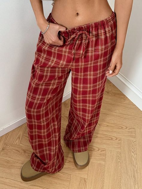 Women's Belted Plaid Straight Leg Loose Casual Pants Red Casual   Woven Fabric Plaid Straight Leg Non-Stretch  Women Clothing, size features are:Bust: ,Length: ,Sleeve Length: Pajamas Photography, Red Plaid Pants Outfit, Sleepover Supplies, Fall Lounge Wear, Winter Lounge Wear, Plaid Pj Pants, Red Pajama Pants, Christmas Pj Pants, Red Plaid Pants