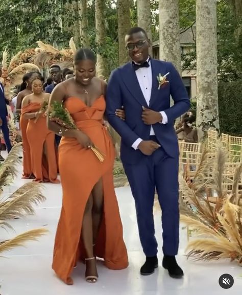 Fall Bridesmaid Dresses Black Women, Navy Blue And Burnt Orange Wedding Party, Rust Orange And Brown Wedding, Melanin Wedding Colors, Rust Bridesmaid Dress Black Women, Black People Wedding Colors, Burnt Orange Weddings Black People, Burnt Orange Bridesmaid Dresses African, Burnt Orange Nigerian Wedding