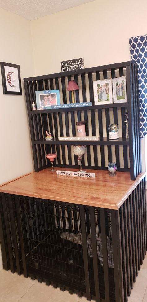 Shelf Over Dog Crate, Dog Crate Disguise, Dog Kennel Storage Ideas, Night Stand Dog Crate, Hidden Dog Crate Furniture, Dog Crate Under Desk, Wire Dog Crate Makeover, Dog Crate Bookshelf, Fancy Dog Crate