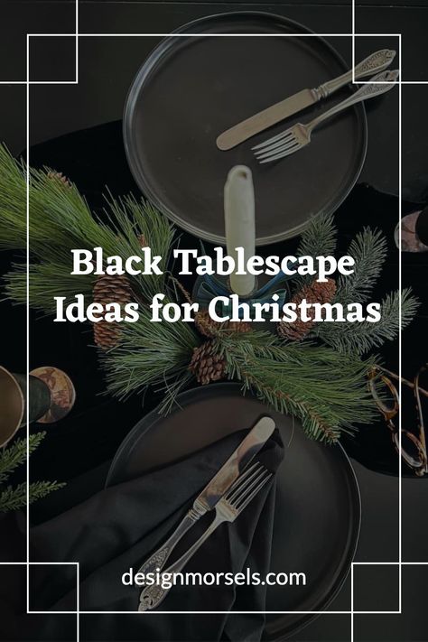 black tablescape ideas for christmas Christmas Table Black Tablecloth, Black Dinner Table Setting, Black Tablecloth Christmas Setting, Black Dishes Table Setting, Christmas Table Settings Black, Black Table Setting Ideas, Black Plates Table Setting, Black Thanksgiving Table, Black Christmas Table Setting