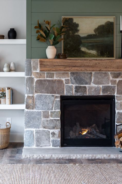 Green Tile Around Fireplace, Charcoal Gray Shiplap Fireplace, Green Stone Fireplace, Green Shiplap Fireplace Wall, Sage Fireplace Wall, Shiplap Fireplace Color Ideas, Blue Shiplap Fireplace, Painted Shiplap Fireplace, Green Shiplap Fireplace