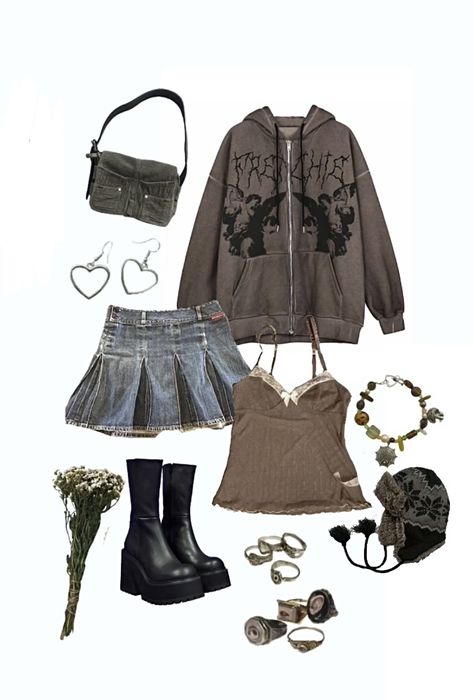 Grunge Jean Skirt Outfits, Grunge Outfit With Skirt, Grungecore Aesthetic Outfits, Grunge Denim Skirt Outfit, Antique Grunge Outfits, Fairy Grudge Aesthetics Outfit, Grunge Outfits With Skirt, Grungecore Outfits, Denim Skirt Aesthetic