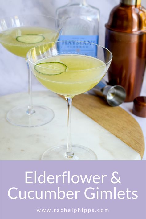 These Cucumber & Elderflower Gimlets are a bright, refreshing gin based cocktail, perfect for late spring and early summer. #gimlet #cocktail #elderflower #gin Basil Gimlet, Cucumber Gimlet, Gin Based Cocktails, Gimlet Cocktail, Floral Drink, Mint Cocktails, Gimlet, Make Simple Syrup, English Cucumber