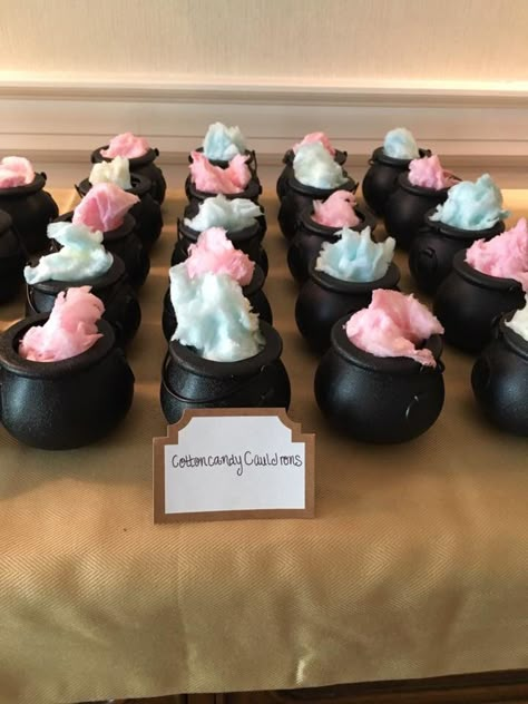 Halloween Gender Reveal Dessert, Halloween Gender Reveal Snack Ideas, Fall Gender Reveal Party Favors, Couldren Gender Reveal, Halloween Gender Reveal Party Favors, Harry Potter Cotton Candy, Witch Will It Be Gender Reveal, Spooky Cotton Candy, Hocus Pocus Gender Reveal Cake