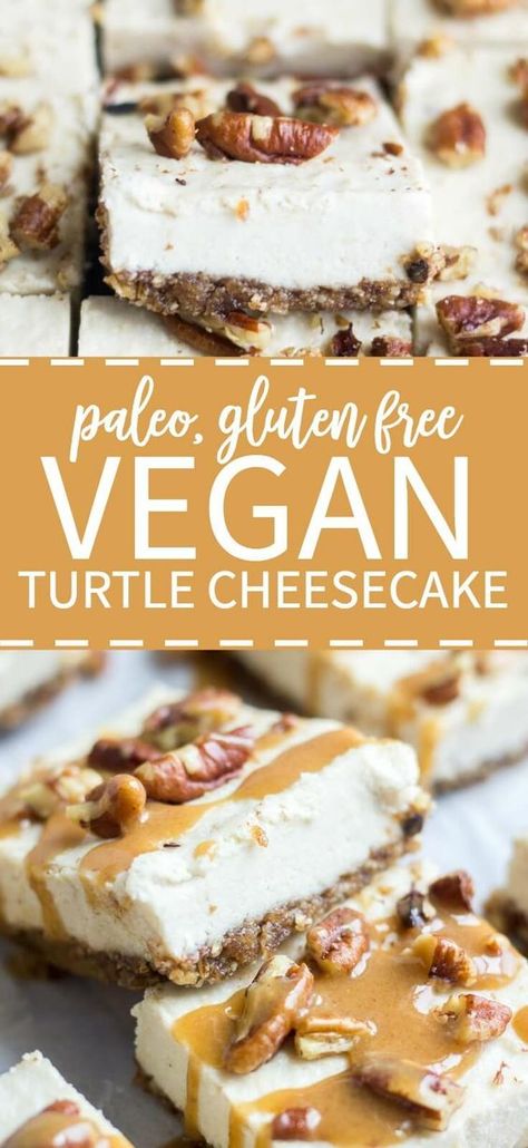 Smooth and creamy, these turtle vegan cheesecake bars are an easy and no bake healthy dessert. The crust is made with pecans and dates and the silky vegan cheesecake is topped with paleo caramel and pecans. They're paleo, gluten free, refined sugar free and raw! You won't believe how yummy an easy it is to make! Turtle Cheesecake Bars, Paleo Caramel, No Bake Healthy, Healthy Baking Desserts, Bake Healthy, Turtle Cheesecake, Vegan Cheesecake Recipe, Sans Gluten Sans Lactose, Vegan Cheesecake