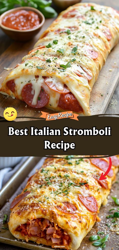 Stuffed with layers of salami, ham, pepperoni, and molten cheese, all wrapped in a soft, golden dough, our Italian Stromboli is like a pizza lover’s dream come true. Serve it hot with a side of marinara sauce for dipping and watch it disappear slice by slice! #Stromboli #ItalianCuisine #CheesyGoodness Sausage Pepperoni Stromboli, Things To Make With Salami, Pepperoni Stromboli With Pizza Dough, Italian Stromboli With Pizza Dough, Stromboli Filling Ideas, Fun Friday Night Dinner Ideas, Stuffed Pizza Dough, Stromboli With Pizza Dough, Italian Stromboli Recipe